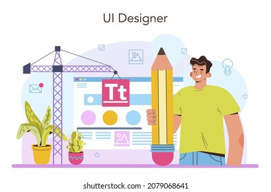 UI designer concept. App interface improvement. User interface design and user experience development. Modern digital design industry. Flat vector illustration
