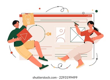 UI designer concept. Man and woman designing graphic elements for website. Interface for programs and applications. Responsive webpage design. Cartoon flat vector illustration