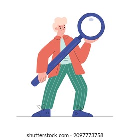UI designer with huge magnifier in hands, flat cartoon vector illustration isolated on white background. GUI designer develops site or app navigation interface.