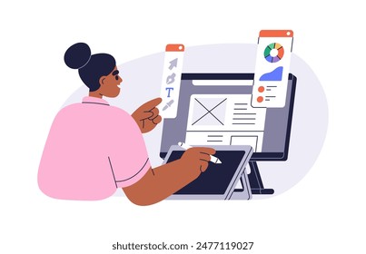 UI designer works on computer, digital graphic tablet. Editing web UI design. Creating user interface. Creative workplace, professional software. Flat vector illustration isolated on white background