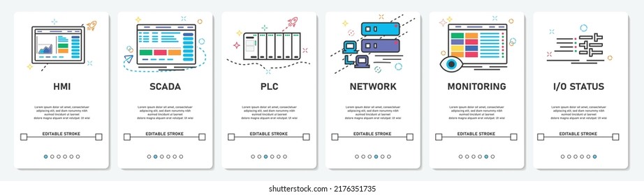 UI Development Digital Menu HMI, SCADA, PLC, network, monitoring, status, website, mobile app screens simple vektor flat design