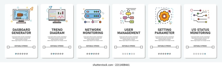 UI Development Digital Menu HMI, SCADA, PLC, Netzwerk, Überwachung, Status, Website, mobile App-Bildschirme einfache vektor flaches Design