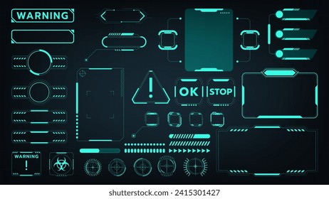 UI digital. Futuristic technology game, graphic bar button cyber elements, Fi HUD Sci box frame interface, tech abstract arrow board circle. Blue glowing elements. Vector cyberpunk style template