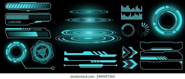 UI digital. HUD, AI futuristic isolated glowing objects, technology game, bar button. Graphic cyber dashboard elements. Interface tech, frames and borders, circle cyberpunk design hologram. Vector set