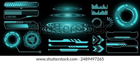 UI digital. HUD, AI futuristic isolated glowing objects, technology game, bar button. Graphic cyber dashboard elements. Interface tech, frames and borders, circle cyberpunk design hologram. Vector set