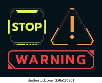 UI digital icons. Attention symbol. Exclamation mark. Stop sign. Beware sticker. Interface notice. Message of dander. Risk caution. Error label. Geometric color frame. Vector warning pictograms set