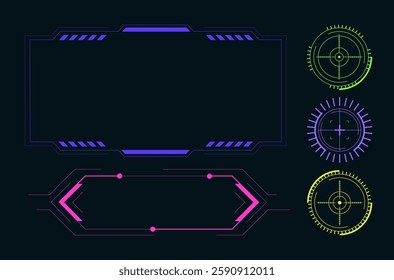 UI digital icons. HUD elements. Neon frame. Video game dashboard. Bullseye crosshair. Radar panel. Futuristic viewfinder borders. Computer technology. Cyber graphic hologram. Sci-fi vector symbols set