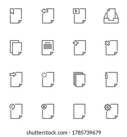Layout Dokumente Linie Icons Set, Umriss Vektorsymbol Sammlung, lineares Piktogramm Pack. Zeichen, Logo-Illustration. Set enthält Symbole als Dateiordner, Doc-Archiv, Bildergalerie, Papierseite, Infos