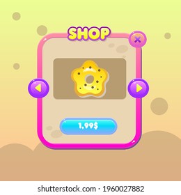 UI For Donuts Game. Sweets Cartoon Pop Up Shop Window With Star Shaped Donut. Colorful Vector Design