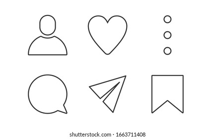 UI Element for social media icon set. such as profile, like, menu, comment, share, save. thin symbol minimalism in pack. 48x48 pixel perfect vector. can use for infographic, website, mobile design