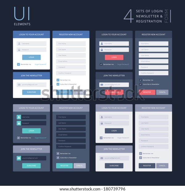 UI elements, 4 sets of login, newsletter and\
registration form, flat\
design