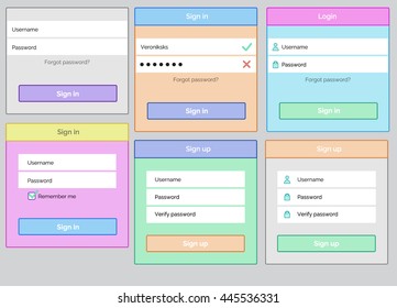 UI elements, 6 sets of login and sign up, newsletter and registration form, flat childish design