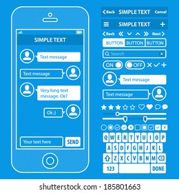 UI Elements Blueprint Design Vector Kit In Trendy Color With Simple Mobile Phone, Buttons, Forms, Windows And Other Interface Elements. Chat Message Screens