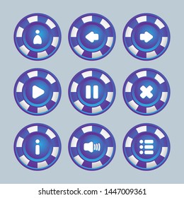 
UI elements. Buttons in the form of candies of happy colors (user, arrows rewind, play, pause, exit, options, information, sound) for the design of the interface of games and applications.