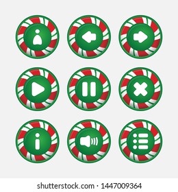 
UI elements. Buttons in the form of candies of happy colors (user, arrows rewind, play, pause, exit, options, information, sound) for the design of the interface of games and applications.