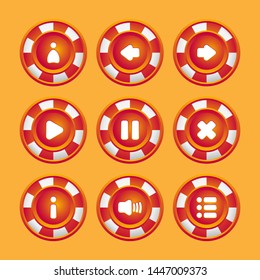 
UI elements. Buttons in the form of candies of happy colors (user, arrows rewind, play, pause, exit, options, information, sound) for the design of the interface of games and applications.