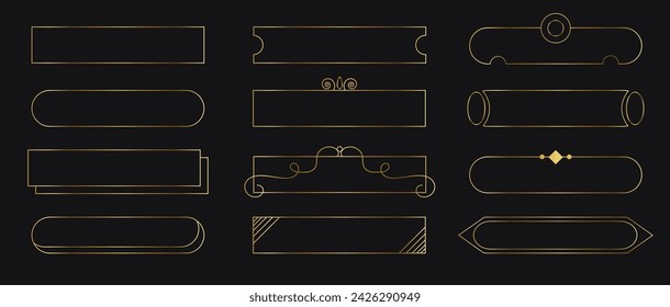 Auflistung der Benutzeroberflächenelemente. Goldene Metallrahmen mit Dekoration. Rahmen verschiedener Formen, Rahmen für Namen, Knöpfe für Spiele mittelalterlichen Stil.	