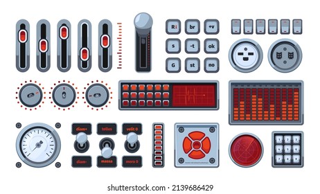 Ui-Elemente. Schalttafeln für Schalttafeln Schalter Lautstärkeregler-Regler Dial-Meter Grauen Vektor-Vorlagen farbige Set