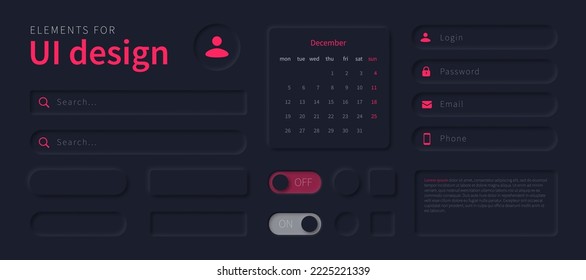 diseño de elementos de interfaz de usuario para uso en aplicaciones móviles, sitio web, software. Diseño de interfaz de usuario en el neumorfismo de estilo. Kit de diseño para Ui Neomorfo, botones, barras de búsqueda, calendario.