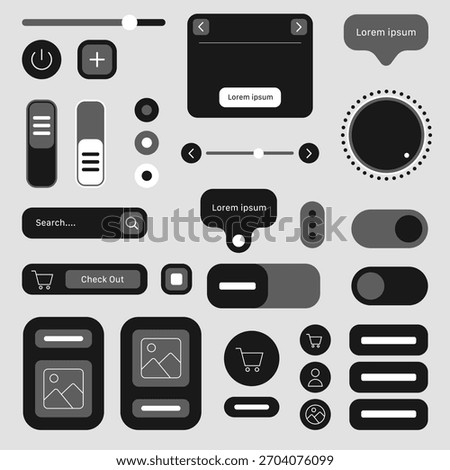 UI elements displayed in a minimal monochrome style, including buttons, sliders, toggles, input fields, search bars, icons, navigation arrows, cart buttons, chat bubbles, and image placeholders