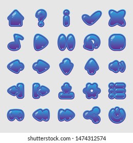UI elements (GUI). Icons for buttons in the interfaces of mobile and PC games, applications and websites: home, question, information, sound, play, replay, pause, stop, download, options, exit.