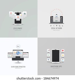 UI elements and Icons for smartphone apps, development, search engine optimatization and social network. Flat style. Vector