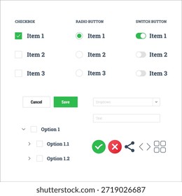 ELEMENTOS de interfaz de usuario que incluyen Casillas de verificación, Botones de radio y Botones de conmutación con opciones.