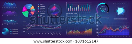 UI elements infographic, dashboard template with graph, charts and diagrams elements. Modern futuristic neon graphic infocharts. Dashboard mockup UI, UX, KIT. Graphics and infographics set. Vector