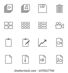UI elements line icons set. linear style symbols collection, outline signs pack. vector graphics. Set includes icons as music gallery, edit document, audio file records, trash bin, archive folder file