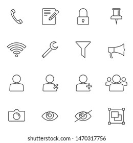 UI elements line icons set. linear style symbols collection, outline signs pack. vector graphics. Set includes icons as add user group, phone call, camera, red eye function, edit document, lock, pin