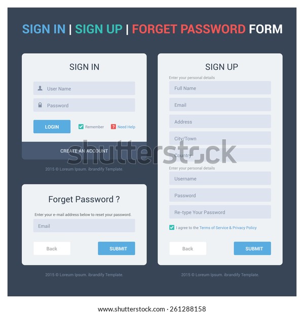 UI elements, Login, Registration and Forgot\
password form, flat design