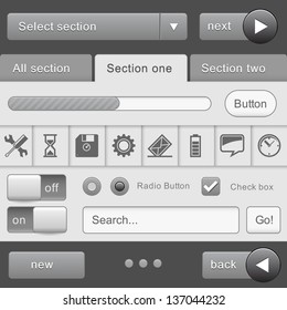 UI Elements for  tablet pc and smart phone device Design Gray. Elements: Buttons, Switchers, Slider