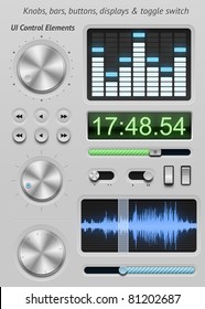 UI elements for tablets and smartphones. Control knobs, buttons, sliders and displays. EPS 10 vector illustration