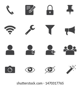 UI elements vector icons set, modern solid symbol collection, filled style pictogram pack. Signs, logo illustration. Set includes icons as user group, phone call, camera, edit document, lock, filter