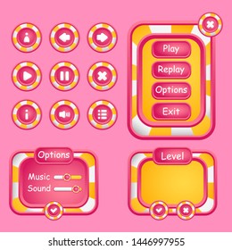 
UI elements. Windows (menu, settings, level) and buttons (user, rewind arrows, play, pause, exit, options, information, sound) for the design of the interface of games and applications.