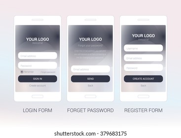 UI elements for your web design. Login, Forgot password and Registration form, strict clean style, flat design. Promotional website, business card, online store, online catalog or blog. Vector.