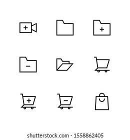 UI Essential icon set = Add video, folder, add folder, delete folder, open folder, shopping cart, trolley, shopping bag