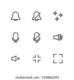 UI Essential icon set = Bell, Silent, Clean, Microphone, No Microphone, Volume On, Volume Off, Minimize, Fullscreen