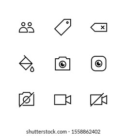 UI Essential icon set = Group, price tag, delete label, paint bucket, camera, camera pocket, no camera, video, no video