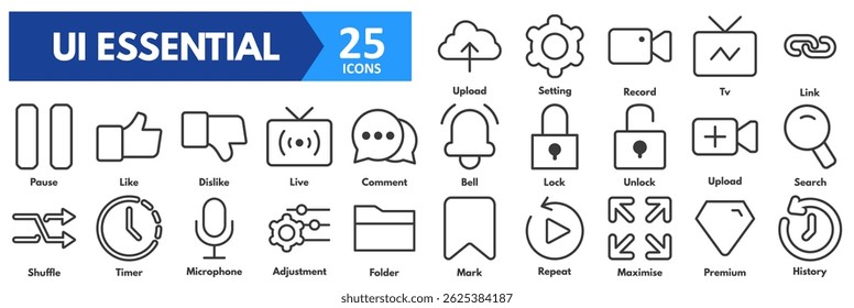 Con los iconos de marca, repetición, maximizar, premium, historia, Cargar, ajuste, registro, tv, Enlace, pausa, me gusta, no me gusta, en vivo, comentario, campana, bloqueo, desbloqueo, Cargar, búsqueda, aleatorio, tiempo