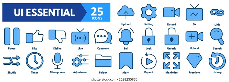 UI Essential icon set. with icons of mark, repeat, maximise, premium, history, upload, setting, record, tv, link, pause, like, dislike, live, comment, bell, lock, unlock, upload, search, shuffle, time