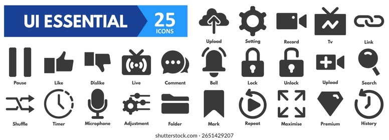 UI Essential icon set. with icons of mark, repeat, maximise, premium, history, upload, setting, record, tv, link, pause, like, dislike, live, comment, bell, lock, unlock, upload, search, shuffle, time