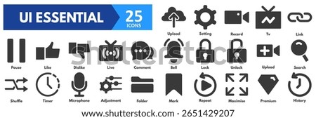 UI Essential icon set. with icons of mark, repeat, maximise, premium, history, upload, setting, record, tv, link, pause, like, dislike, live, comment, bell, lock, unlock, upload, search, shuffle, time