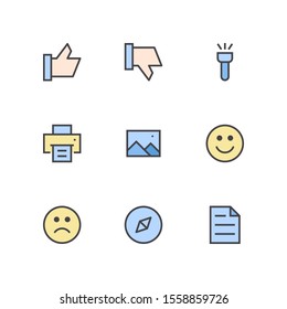 UI Essential icon set = Like, dislike, flash light, printer, image, smile, bad, compass, file