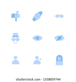 UI Essential icon set = Mail box, wristwatch, eyeglasses, spy, eye, hide, user, add user, girl