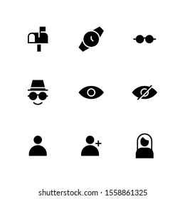 UI Essential icon set = Mail box, wristwatch, eyeglasses, spy, eye, hide, user, add user, girl