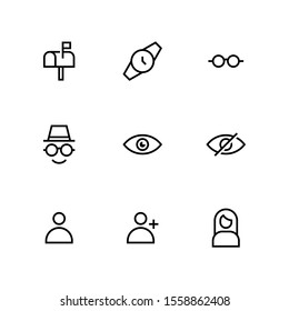 UI Essential icon set = Mail box, wristwatch, eyeglasses, spy, eye, hide, user, add user, girl