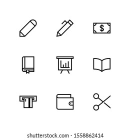 UI Essential icon set = Pencil,Pen, Money, Book, presentation, open book, atm, wallet, scissor