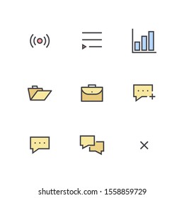 UI Essential icon set = Radio Signal, Playlist, Chart, Open Briefcase, Suitcase, Add Chat, Chat, Messages, close