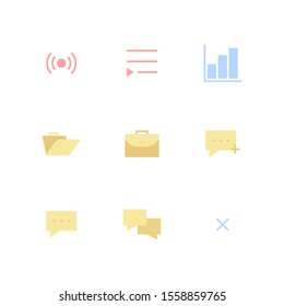 UI Essential icon set = Radio Signal, Playlist, Chart, Open Briefcase, Suitcase, Add Chat, Chat, Messages, close